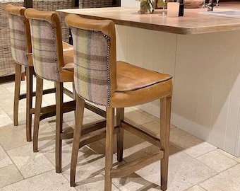 Handmade Wooden Kitchen Bar Stool – Leather & Tweed Seat