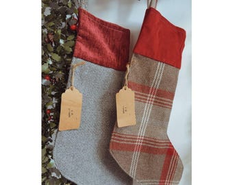 Handmade Personalised Initial Wool Christmas Stockings – Red Tartan & Herringbone with Red Cuffs