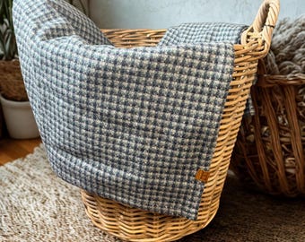 Blue Checked Wool Throw – Cozy Sofa & Bed Blanket, Rustic Country Chic Home Decor Gift