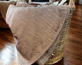 Brown Herringbone Wool Blanket – Cozy Warm Sofa Throw – Rustic Country Cottage Decor