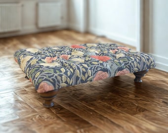Handmade Ophelia Indigo Footstool, Upholstered Floral Ottoman | Country Style Home Decor