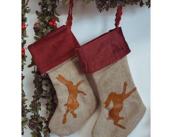 Handmade Hare Motif Christmas Stockings – Tweed Wool & Velvet Cuff Rustic Holiday Décor