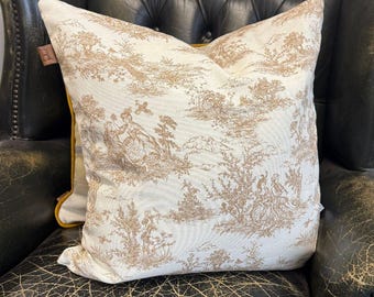 Luxe handgemaakt Frans kussen met toile de jouy-print – elegant decoratief kussen