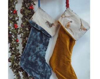 Handmade Velvet Christmas Stockings with Countryside Animal Cuffs – Dachshund & Pheasant Designs