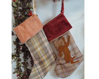 Handmade Hare Motif Christmas Stockings – Tweed Wool & Velvet Cuff Rustic Holiday Décor