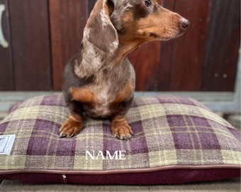 Letto per cani in tweed personalizzato lavabile fatto a mano con motivo bassotto / cuscino per animali domestici con motivo a quadri country