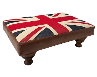 Handmade Union Jack Footstool | British Flag Upholstered Ottoman | Country Style Home Decor