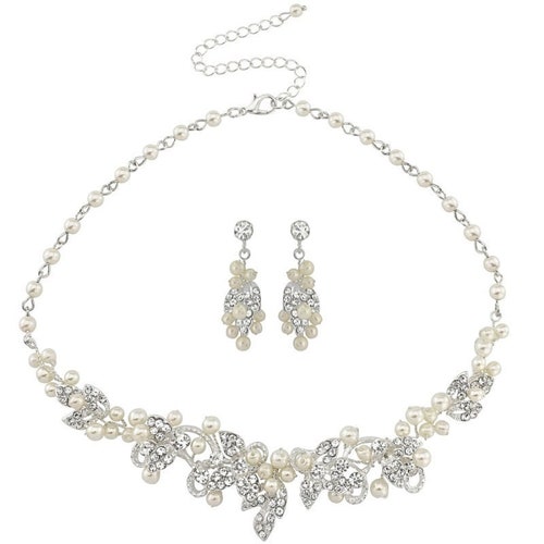 Vintage Pearl Necklace Set, Pearl Necklace & Earrings, Available In Silver, Bridal Accessories, Bridal Jewellery, Bridal Jewellery Set main image 5