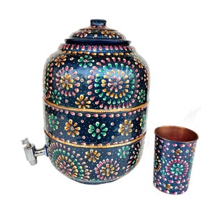 Pure Copper Hammered Water Storage Pot 6.5 Liter Capacity Outer Side Hand Painted With Free Tumbler