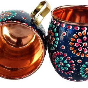 Copper Handmade Outer Hand Painted Art Work Wine, Vodka, Beer, Cocktail, Juice, Cold Coffee Mug - Cup (2)