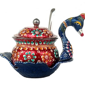 Steel Hand Painted Platter Container And Kitchen Storage Bowl With Spoon And Lid, 4X4X6 Inches ( Red And Blue, HP-SS-CB-Red)