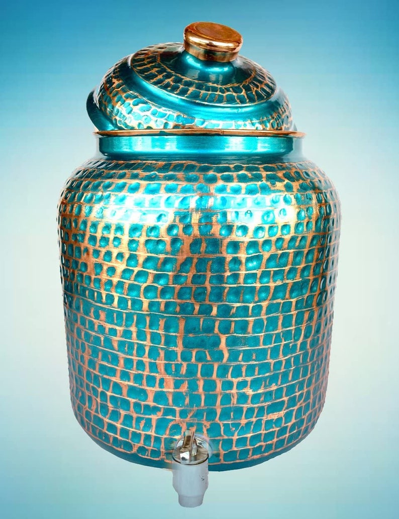 Pure Copper Hammered Firozi Water Storage Tank Blue Pot 4 Liter