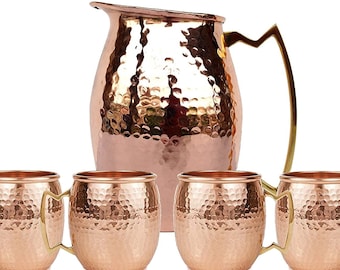 Hammered Copper Pitcher & Mugs Set Solid Copper, Brass Handles Drinkware, Tableware
