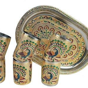 Stainless Steel Meenakari Work Six Glass With Serving Tray For Drink ware