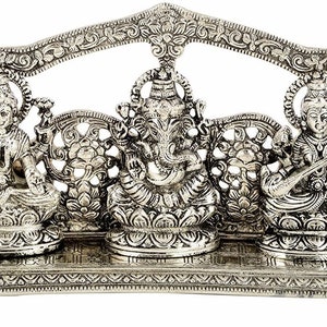 Silver Plated Laxmi Ganesh Saraswati Statue- Idol Fine Carving