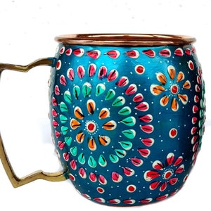 Handmade Pure Copper Outer Turquoise Hand Painted Art Work Wine, Vodka, Beer, Cocktail, Juice, Cold Coffee Mug Cup 16 Oz