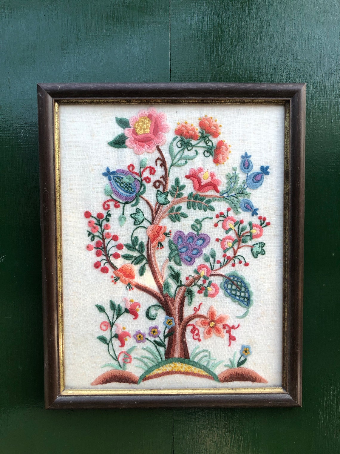 Beautiful vintage embroidered crewel work framed tree of life Etsy