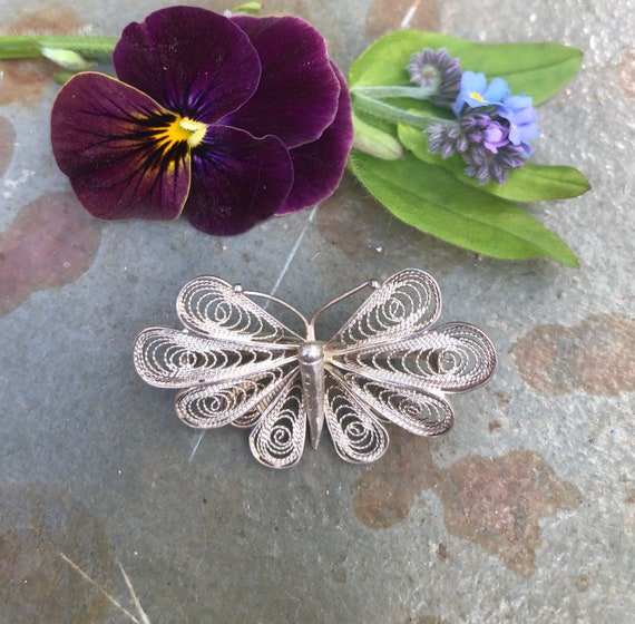 Beautiful Vintage Silver Filigree Butterfly Brooc… - image 1
