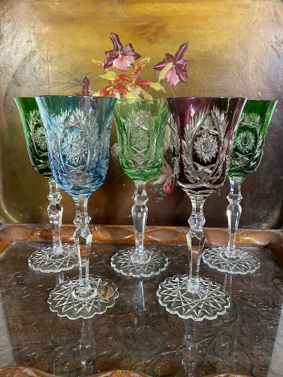 Vintage Pastel Striped Stemmed Water/wine Glasses Set of 8 