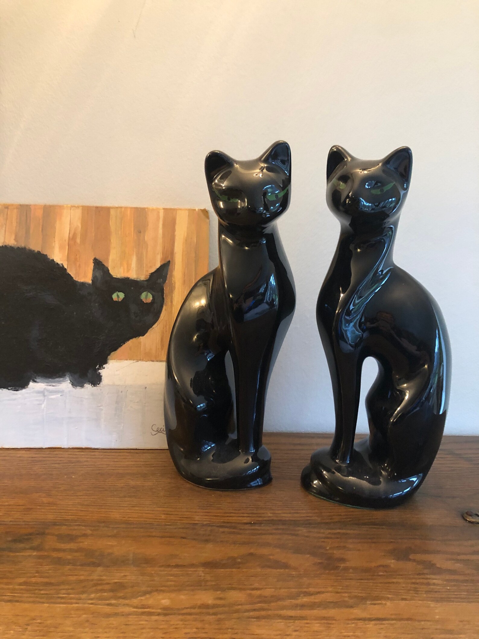 Pair Retro Vintage Tall Black Cats matching Statues green eyes Etsy