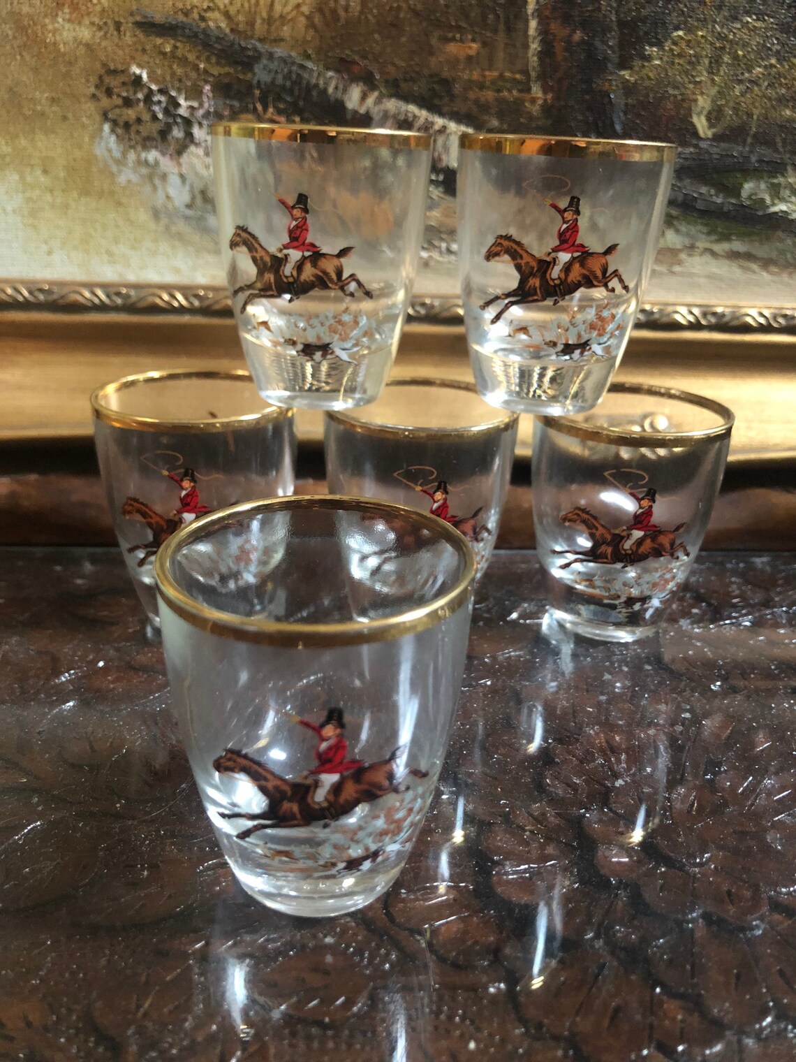 Hunting Scene Set of 6 Shot Glasses Horses & Hounds Dogs Gold Etsy UK