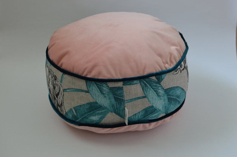 Green Velvet Piped Mini Pouffe ~ Pink Galena Vibrant Jungle Teal Elephant Leaf