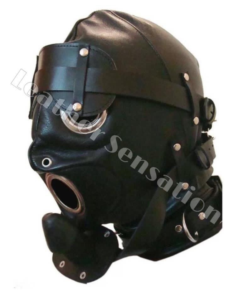 Black PU Leather Sensory Deprivation Bondage Head Hood Mask with Mouth Plug Gag