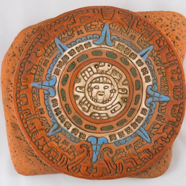 Plaque murale mexicaine de calendrier maya en céramique - intérieur ou extérieur - 27cm (10.5inches) large