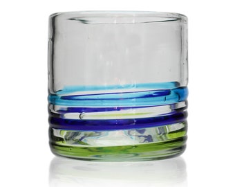 Hand Blown 3 Coloured Ring Mexican Glass Tumblers Made from Recycled Glass