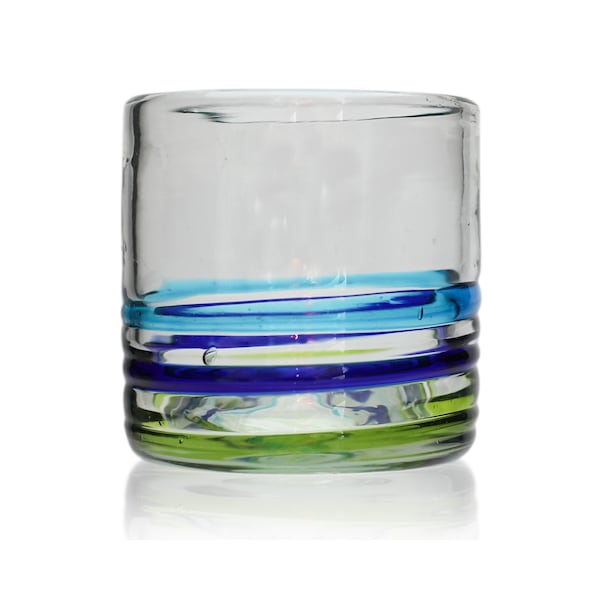 Mundgeblasene mexikanische Glasbecher mit 3 farbigen Ringen aus recyceltem Glas