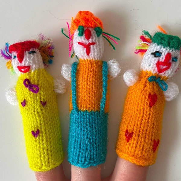 3 Hand Knitted Finger Puppets - Clowns - Ethically sourced from Peru