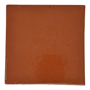 Op de afbeelding: Een vierkante tegel in terracotta kleur met een gladde, glanzende afwerking. De tegel heeft een uniforme kleur en textuur, met kleine kleurvariaties. De randen zijn schoon en recht, wat wijst op een precieze snede. Geschikt voor vloer- of wandtoepassingen.
