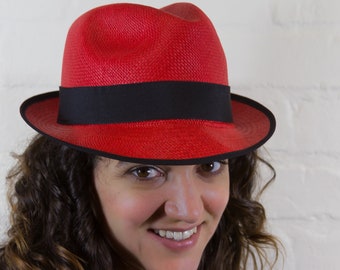 Red Trilby Panama Hat | Hand woven and ethically sourced from Ecuador | Genuine Panama Hat