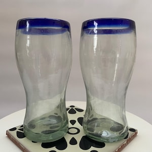 Blue Rim Pint Glass (450 ml) - Hand Blown from Recycled Glass - Set of 2