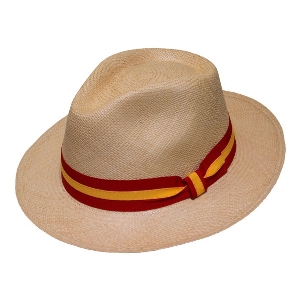 Sand Colour Teardrop Fedora Panama Hat with Red & Orange Band - Handwoven in Ecuador - Genuine Panama Hat made from Toquilla Straw