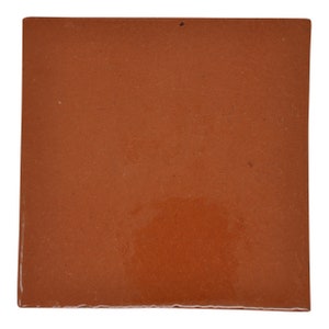 Op de afbeelding: Een vierkante terracotta tegel met een glad, licht glanzend oppervlak. De tegel is een rijke roodbruine kleur.