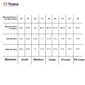 Pu&ograve; includere: Un grafico che mostra le dimensioni dei cappelli in centimetri, pollici, dimensioni del cappello del Regno Unito, dimensioni del cappello degli Stati Uniti e dimensioni generiche. Il grafico mostra le dimensioni da 54 cm a 62 cm, da 21 1/4 pollici a 24 1/2 pollici, da 6 5/8 a 7 5/8, da 6 3/4 a 7 3/4, da piccola a XX-grande.