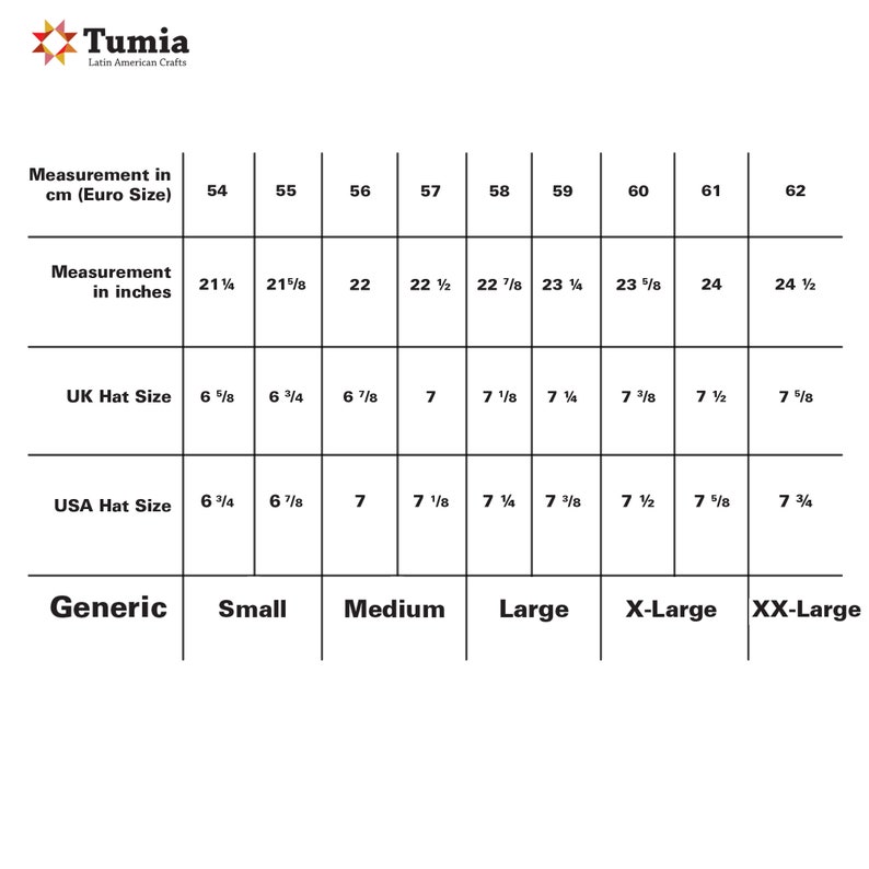 Pu&ograve; includere: Un grafico che mostra le dimensioni dei cappelli in centimetri, pollici, dimensioni del cappello del Regno Unito, dimensioni del cappello degli Stati Uniti e dimensioni generiche. Il grafico mostra le dimensioni da 54 cm a 62 cm, da 21 1/4 pollici a 24 1/2 pollici, da 6 5/8 a 7 5/8, da 6 3/4 a 7 3/4, da piccola a XX-grande.