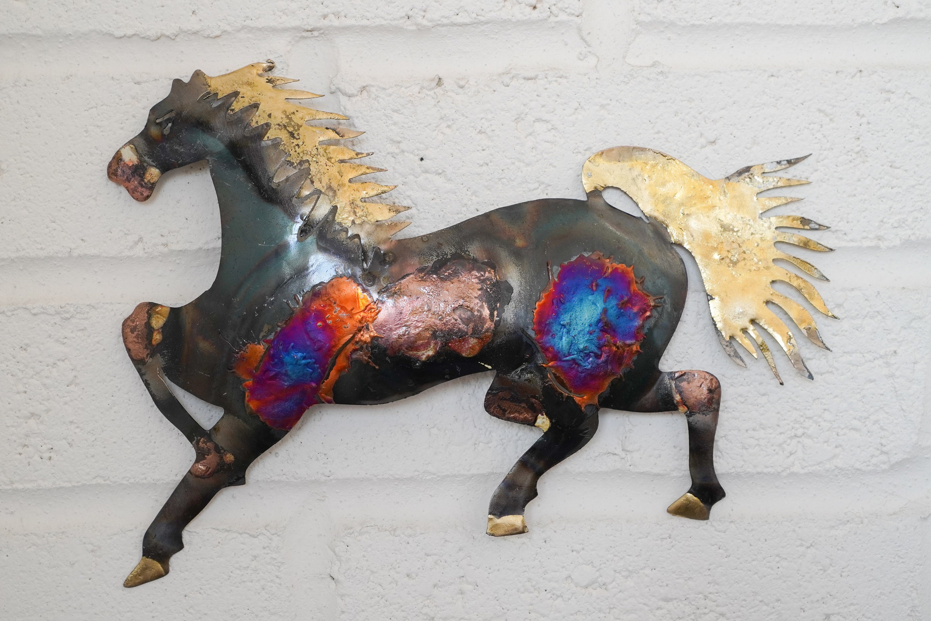 Recycled metal Running Horse wall hanging decoration - 28cm wide