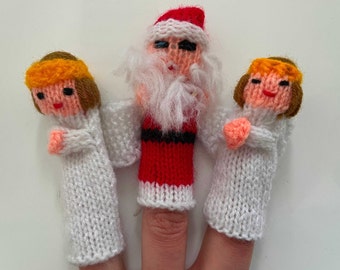 3 Hand Knitted Finger Puppets - 2 Angels and 1 Santa - Ethically sourced from Peru