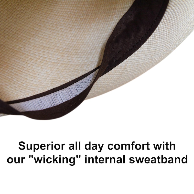 Pu&ograve; includere: Primo piano dell'interno di un cappello di paglia che mostra una fascia di sudore marrone con una fodera in rete bianca. Il testo "Superior all day comfort with our "wicking" internal sweatband" &egrave; visibile sotto il cappello.