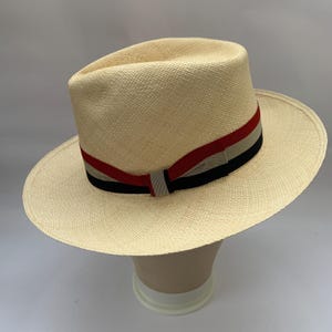 Seconds- Panama Hat Handmade In Ecuador. Teardrop Style. Natural & Striped Band. Size 57cm.