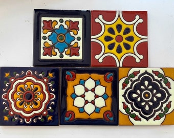 5 x Mexican Talavera Relief Tiles - Ceramic Large 10.5cm - Ethically Sourced