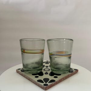 Glass Tumbler Italian style, multi-stripe set of 2, hand blown from recycled glass - fair trade and handmade in Mexico