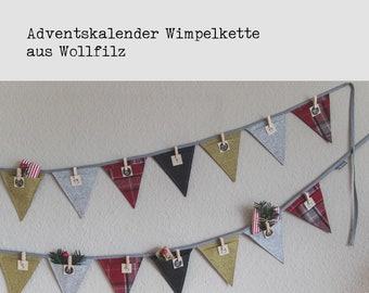 Adventskalender Wimpelkette aus Wollfilz | zum Befüllen Aufhängen | Dekoration Advent | Stoffgirlande | hellgrau dunkelgrau grün rotkariert