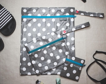 Bolsa impermeable para ropa mojada, hecha de hule, bolsa de transporte para ropa mojada, natación, playa | repelente al agua sostenible | en 3 tamaños - PUNTOS GRIS OSCURO
