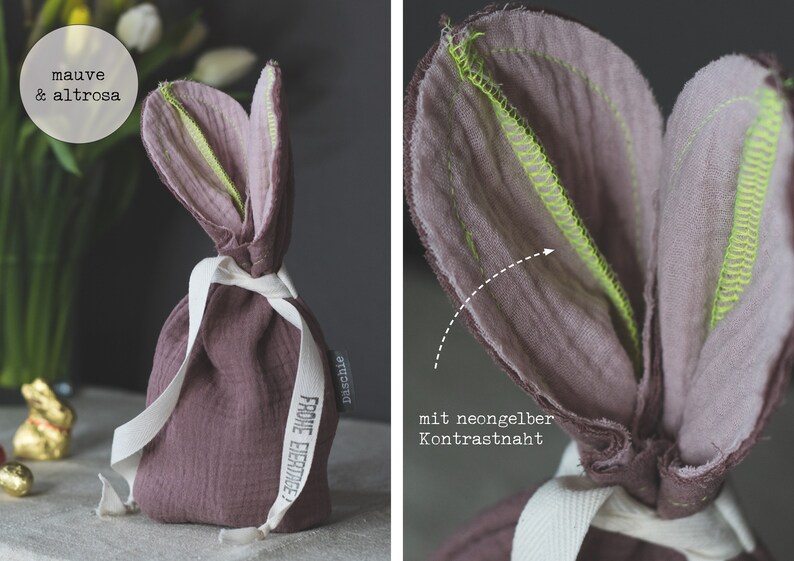Puede incluir: Bolsa de conejo de tela malva con costuras de color amarillo ne&oacute;n y el texto "Frohe Ostern" en el lateral.