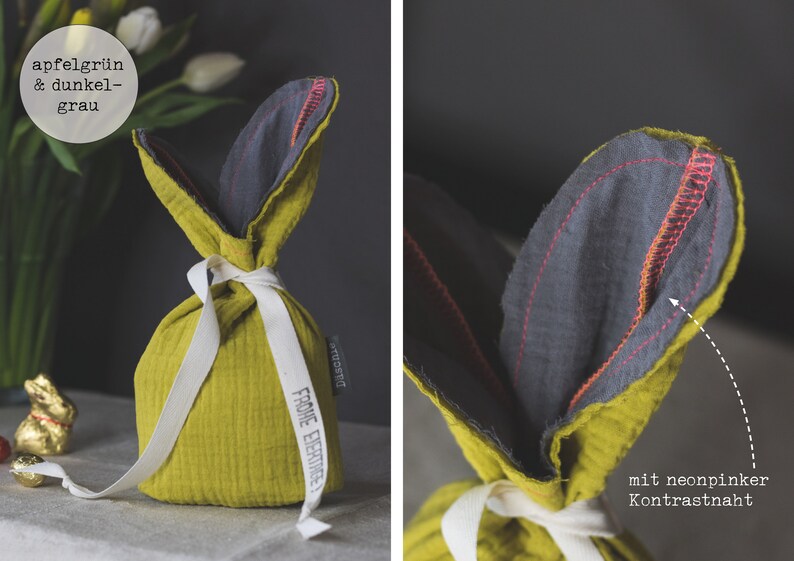 Puede incluir: Una bolsa de Pascua de conejo de tela verde con forro de tela gris y una cinta blanca. La bolsa tiene el texto "From Evertree" impreso en ella. La bolsa est&aacute; atada con una cinta blanca y tiene una puntada de contraste rosa ne&oacute;n.