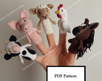 Patron au crochet, cinq marionnettes à doigt animaux de la ferme