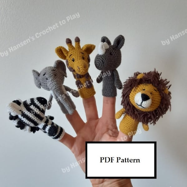 Patron au crochet, cinq marionnettes à doigt animaux de safari